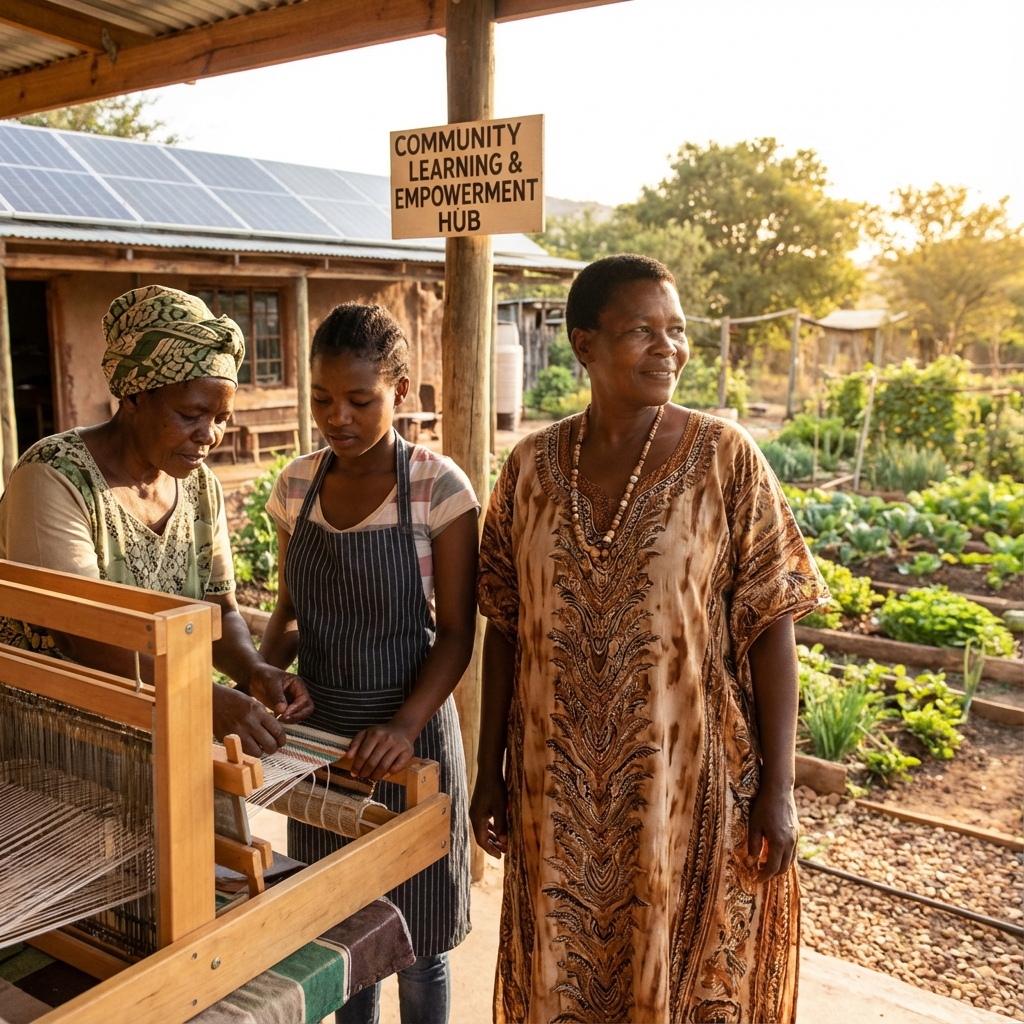 Three African women collaborating at a Community Learning and Empowerment Hub